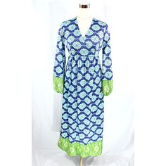 "Stunning vintage maxi dress from Wilroy Traveller in an Arabic-style print in blues and greens. ~Vintage item from the late 1960's to early '70's ~Surplice front ~High waist ~Princess seams on bodice for nice shape ~Blouson sleeves with elastic cuffs ~Not lined ~Zips up the back with a 19\" hidden zipper There is no \"ingredients\" tag so I am only guessing that it's made of polyester due to the feel and vintage of the fabric. There is also no size tag so please see below for proper fit. I'd sa Hostess Dresses, Arabic Style, Bad Reputation, Vintage Maxi Dress, Princess Seams, Vintage Style Dresses, Dress Gown, Red And Black Plaid, Mid Length Dresses