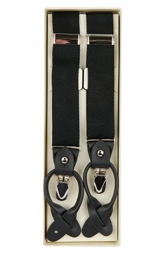 Smart and versatile, these adjustable suspenders made of solid nylon webbing add polish and distinction to any look. 1 1/4" width; 43" total adjustable length Convertible clip and button-tab fasteners Nylon/elastic Imported Formal Black Belts With Adjustable Strap, Classic Black Belts And Suspenders With Adjustable Strap, Adjustable Belts And Suspenders For Workwear, Black Belts And Suspenders With Adjustable Straps, Classic Black Belt With Adjustable Strap, Nordstrom Store, Anniversary Sale, Suspenders, Gift Shop