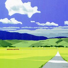 a painting of a road going through a green field