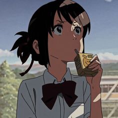 an anime character eating something with her eyes wide open and wearing a bow tie, looking at the camera