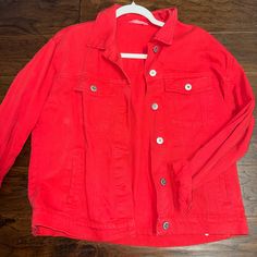 Never Worn, Red Denim Jacket. Such A Cute Piece For Fall And Winter. Pairs Very Well With Some Jeans Or Over A Dress To Make An Outfit More Casual! Trendy Red Collared Outerwear, Casual Red Long Sleeve Denim Jacket, Red Cotton Button-up Outerwear, Red Denim Jacket With Pockets For Spring, Casual Red Denim Jacket With Pockets, Red Long Sleeve Denim Jacket For Fall, Red Long Sleeve Denim Jacket For Spring, Casual Red Denim Jacket For Spring, Red Cotton Outerwear For Spring