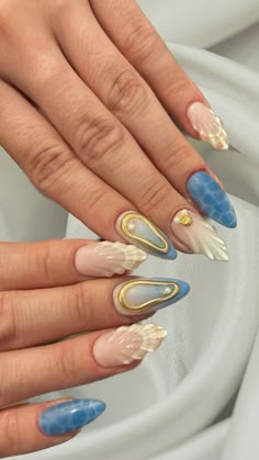 Spring Cruise Nails, October Cruise Nails, Water Looking Nails, Teal Mermaid Nails, Blue Seashell Nails, Mermaid Vibe Nails, Seashell Nails Acrylic, Blue Shell Nails, Blue White Gold Nails