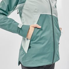 This jacket has a fitted cut. The fabric is 13% elastane and the “raglan” sleeves up to the collar give better stretchability and more freedom of movement during your hikes. A warm layer, such as a fleece or a light padded jacket can be worn underneath. You can choose your usual size, or a size above if you don't want it to be worn fitted. | Quechua Women's Mh500 Waterproof Jacket in Cedar, Size 2XL Camping Shoes, Fashion Design Template, Short Gloves, Womens Cycling Clothes, Hiking Jacket, Tent Accessories, Outdoor Fashion, Cycling Women, Snow Jacket