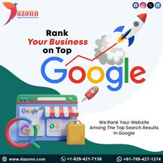 an advertisement for google's rank your business on top with a rocket coming out of it