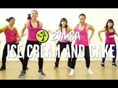 a group of women in pink shirts and black pants are dancing with the words ice cream and cake