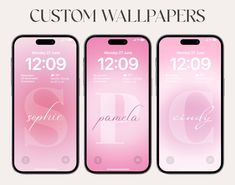 three pink iphones with the text custom wallpapers displayed in different sizes and colors