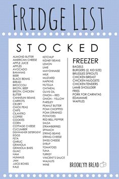 the fridge list for stocked freezer is shown in blue and white with polka dots