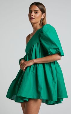 Harleen Mini Dress - Linen Look Asymmetrical Trim Puff Sleeve Dress in Green | Showpo USA Chic One Shoulder Puff Sleeve Summer Dress, Chic One-shoulder Puff Sleeve Summer Dress, Green Puff Sleeve Mini Dress For Summer, Green Puff Sleeve Dress For Summer, Green Puff Sleeve Midi Dress For Summer, Green Midi Dress With Puff Sleeves For Summer, Chic Green Puff Sleeve Dress With Ruffles, Green A-line Puff Sleeve Dress For Spring, Green One-shoulder Mini Dress With Ruffles