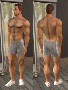 two pictures of a man with no shirt in front of a mirror looking at himself