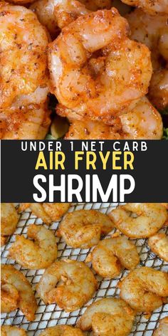 air fryer shrimp on a grill with text overlay that reads, under net carb air fryer shrimp