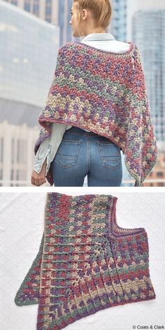 a woman is wearing a crocheted shawl and jeans