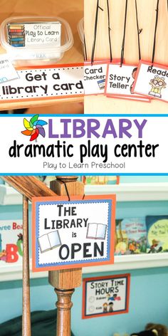 the library sign and display for dramatic play center