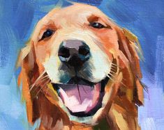 an oil painting of a golden retriever dog with its tongue out and his eyes open