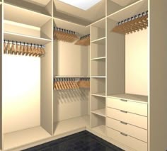 an open closet with white drawers and wooden hangers