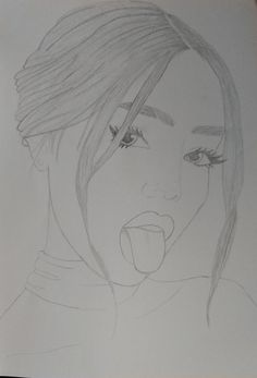 a pencil drawing of a woman's face with her mouth open and tongue out