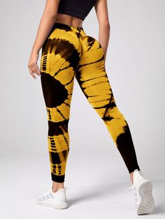 Mustard Yellow  Collar  Fabric Tie Dye Regular Embellished High Stretch  Women Activewear Running Trousers, Gym Tights, Fitness Pants, Tie Dye Leggings, Legging Sport, Tie And Dye, Running Tights, Ankle Length Pants, Seamless Leggings