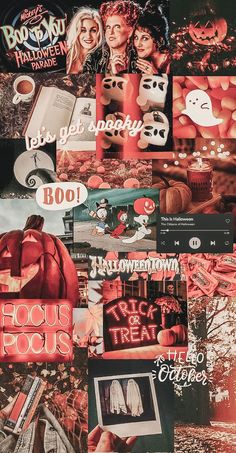 a collage of halloween related images with words and pictures on them, including pumpkins