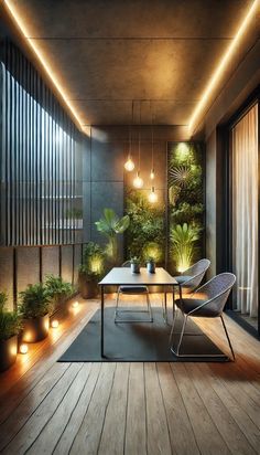 an outdoor dining area with plants and lights on the ceiling, along with wooden flooring