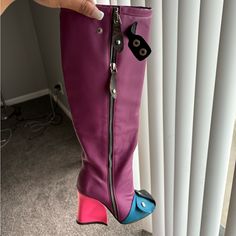 Lv Color Block Knee High Boots. They Are Comfortable, However They Are A Size 37 But Will Fit Size 36 Better. I Got These In 2021 And Have Worn Less Than A Handful Of Times. Genuine Thick Leather, The Zipper Acts The Same As A Coat Zipper For Example. Boots Are Pristine Condition. & Price Reflects #Leather #Purple #Boots #Lv #Designer Trendy Purple Boots For Fall, Trendy Purple Heeled Boots For Fall, Purple Round Toe Heeled Boots For Winter, Purple Leather Heeled Boots For Fall, Casual Purple High Heel Boots, Trendy Purple Round Toe Heeled Boots, Purple Pointed Toe Heeled Boots For Winter, Purple Heeled Boots For Winter, Fall Purple Leather Heeled Boots