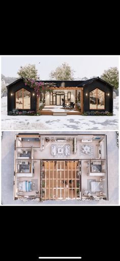 two pictures showing the inside and outside of a house