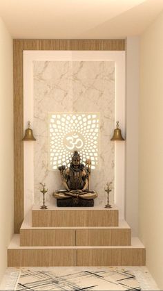 a buddha statue sitting on top of a wooden shelf in a room with white walls