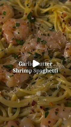 pasta with shrimp and parmesan cheese in a pan