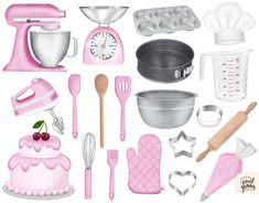 a collection of kitchen utensils and baking supplies