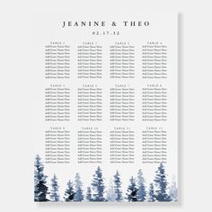 a wedding seating chart with trees on it