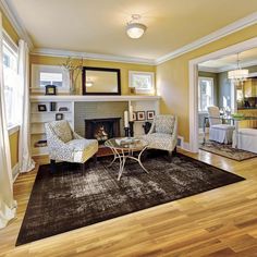 a living room filled with furniture and a fire place in the middle of a room