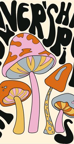 an image of a poster with mushrooms on it's back side and the words nerdshapp written in black