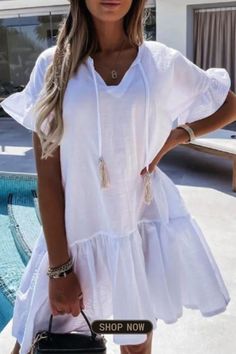 Fashion Sweet Solid Tassel Patchwork Flounce V Neck A Line Dresses Casual Cotton Dresses With Tassels, Casual Cotton Dress With Tassels, Casual White Dress With Tassels, Casual Beach Mini Dress With Tassels, White Mini Dress With Tassels For Beach, White Tassel Mini Dress For Beach, Casual White Tassel Dress, Knee-length Summer Dresses With Tassels, Spring V-neck Beach Dress With Tassels