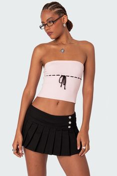 PRODUCT INFO Tube top Contrast tie detail Knitted fabric Polyester, Rayon, Spandex Model wears size S Model height is 5'11 Item care: Wash with similar color Pink Tube Top Outfit, Tie Tube Top, Tube Top Outfits, Pink Tube Top, Visionary Fashion, Knit Ideas, Beauty Features, School Clothes, The Pretty