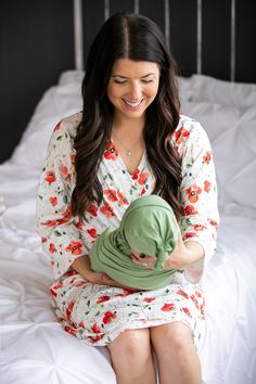 Maternity/Postpartum Robe with Matching or coordinating Swaddle blanket, Hat, and Bow (These are very soft and stretchy) Mama Robe: Red Floral Baby Swaddle, Hat, and Bow: > Available in Red floral, Sage Green ONE SIZE FITS MOST POSTPARTUM/MATERNITY ROBE: > Length - 38 inches > Width - 62 inches (this is with the robe open/laid flat). The robe does include an inside tie. SWADDLE BLANKET: > 47 inches by 47 inches > this is large and can be used as baby blanket/toddler blanket MATERI White Nursing-friendly Long Sleeve Sleepwear, White Nursing Friendly Long Sleeve Sleepwear, White Nursing-friendly Sleepwear, Baby Boy Baby Shower Gift, Hospital Gifts, Hospital Outfit, Swaddle Sets, Baby Shower Gifts For Boys, Boy Blankets