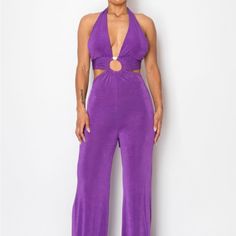 Make A Stylish Statement With Our Solid Slinky Wide Legs Jumpsuit In Vibrant Purple. This Elegant Jumpsuit Features A Sleek Wide-Leg Silhouette And A Modern O-Ring Detail, Perfect For Adding A Touch Of Sophistication To Your Wardrobe. Key Features: - Fabric: Made From 96% Polyester And 4% Spandex, Offering A Smooth, Stretchy Fit That Drapes Beautifully. - Fit: True To Size With A Relaxed, Wide-Leg Design For A Flattering And Comfortable Silhouette. - Color Options: Available In Striking Purple. Denim Coverall, Black Lace Romper, Chambray Romper, Boho Jumpsuit, White Flares, Black Off Shoulder, Red Romper, Jumpsuit Elegant, Pink And White Stripes