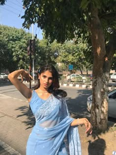 Desi Sari Aesthetic, Light Blue Saree Aesthetic, Sari Farewell, Farewell Sarees School Ideas, Saree Inspo For Farewell, Farewell Sarees School Aesthetic, Blue Saree Aesthetic, Aesthetic Saree Look, Simple Sari