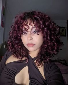 Curly Hair With Bangs Dyed, Cherry Wine Curly Hair, Red Violet Curly Hair, Pink Money Piece Curly Hair, Red Curly Hair Styles, Cherry Red Hair Curly Short, Curly Maroon Hair, Dark Cherry Hair Curly, Red Wine Curly Hair