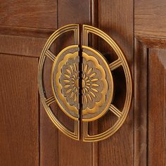 a close up of a door handle on a wooden door