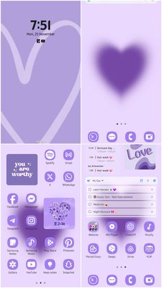 the purple and white wallpaper has hearts on it's back side, as well as an image of a heart in the middle