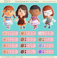 ACNH Skin Tones Guide - DIY Animal Crossing Skin Tone Guide, Animal Crossing Path Tutorial, Acnh Villager Personality Types, Animal Crossing Face Paint, Acnh Tips, Diy Designs, Skin Color, Diy Design, Base Colour