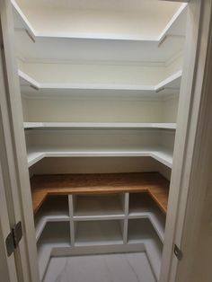 an empty walk - in closet with shelves and no one on the shelf to be seen