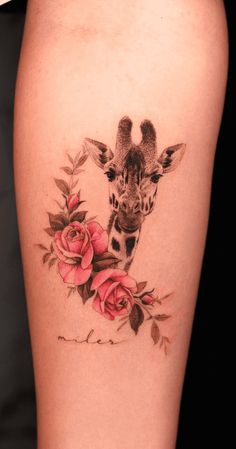 a giraffe with roses on it's thigh