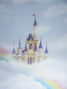 there is a castle in the clouds with a rainbow coming out of it's roof