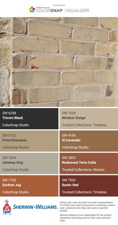 the color scheme for this brick wall is brown, tan and black with white trim