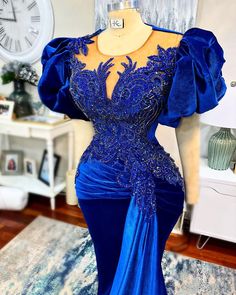 Stunning Royal Blue Velvet Asoebi Prom Dresses Luxury Beaded Puff Short Sleeve Nigerian African Dresses Luxury, Wedding Party Dress, African Wedding, Wedding Party Dresses, Classy Dress, Blue Velvet, Satin Dresses, Evening Gown, Evening Gowns