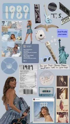 a collage of various pictures with the theme of new york city in blue and white