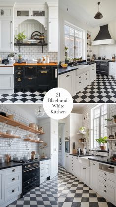 black and white kitchen with checkered flooring