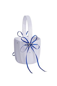 a white bag with blue ribbon and bow on it's side, sitting in front of a white background