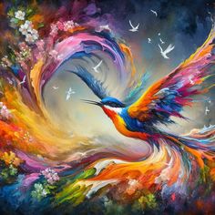 a painting of a colorful bird flying through the air