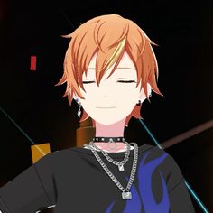 an anime character with red hair wearing a black shirt and silver necklace, standing in front of a dark background