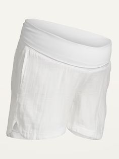 Maternity Foldover-Waist Shorts -- 3-inch inseam | Old Navy Comfortable White Bottoms With Loosely Fitted Hips, Solid Bottoms With Comfort Waistband And Short Leg, Versatile Stretch Bottoms With Banded Waist, Bottoms With Adjustable Waist And Side Pockets, Bottoms With Side Pockets And Adjustable Waist, White Stretch Pull-on Bottoms, Comfortable White Bottoms With Pockets, Beach Bottoms With Banded Waist And Short Length, Bottoms With Built-in Shorts And 5-inch Inseam